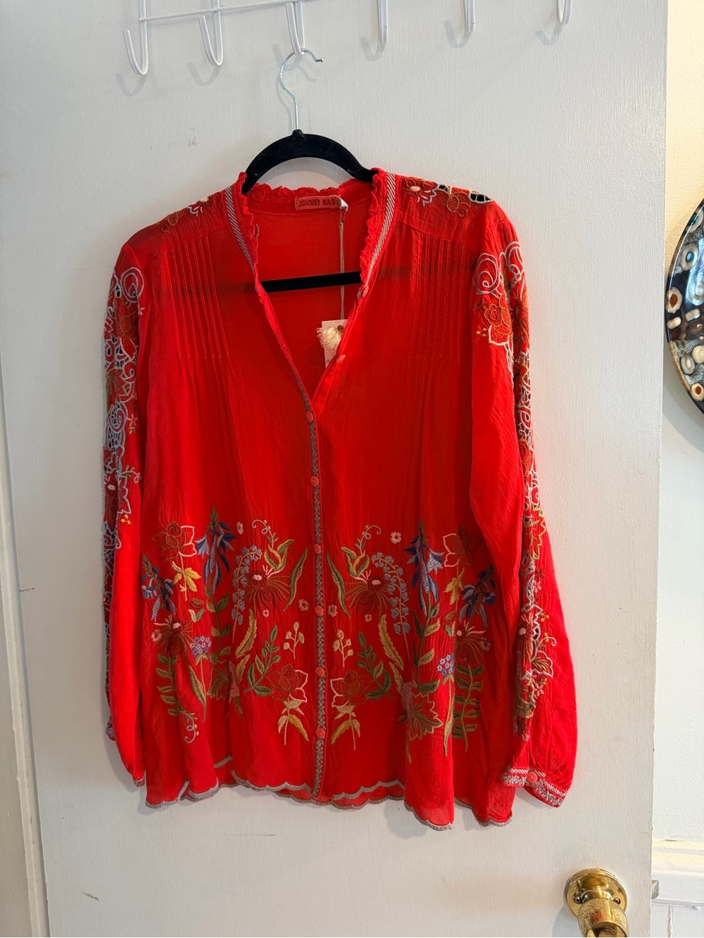 Johnny Was Red Embroidered Floral Blouse